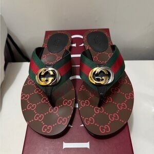 Gucci Brown Sandals with Red and Green Straps